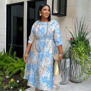 SHEIN Blue and Gold Midi Dress